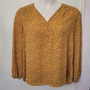 Pleione Yellow Floral Print V Neck‎ Long Sleeve Blouse Top L Fall Autumn Boho